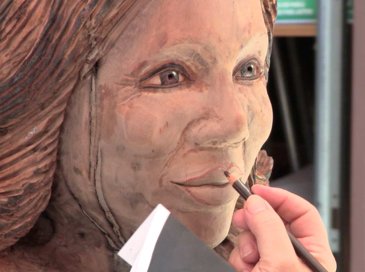 Detail photo of life size wood carving sculpture of Oprah Winfrey, art, likeness