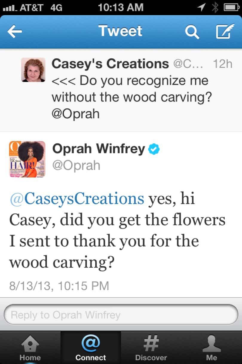 Tweet from Oprah Winfrey thanking Casey for the sculpture