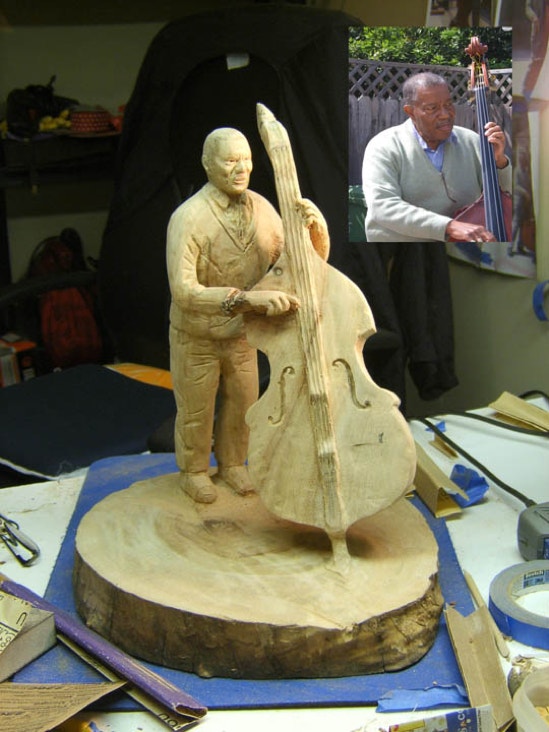 Dave Brubeck, Eugene Wright, Senator, Bass, Bass Player, Casey, Woodcarving, Wood carving, Chainsaw Wood Carving,  Chainxsaw Woodcarving, Sculpture, Art, Realism, Casey Woodcarving, Casey Wood Carving 