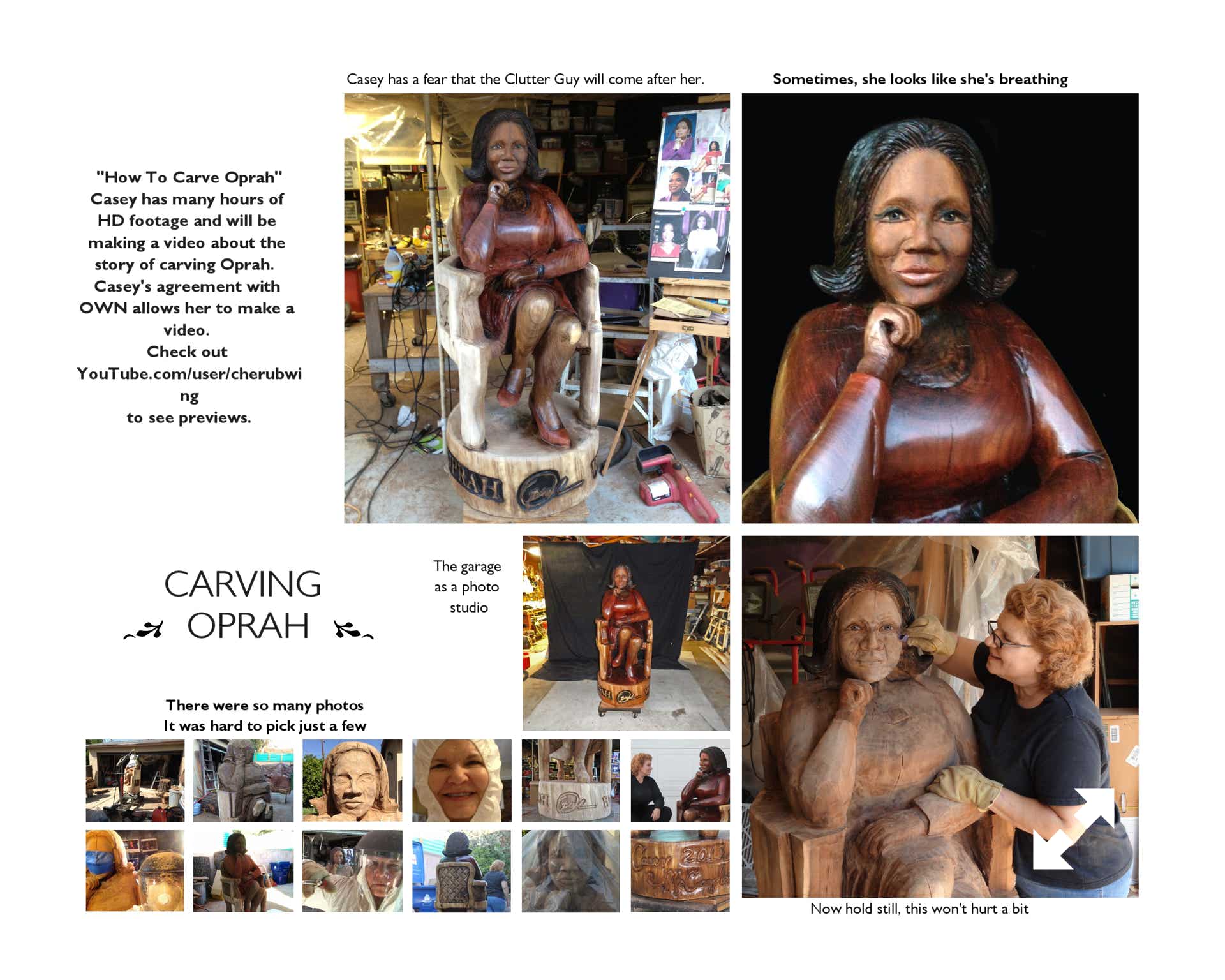Pictures showing the progress of doing a lifesize chainsaw woodcarving of Oprah Winfrey.
