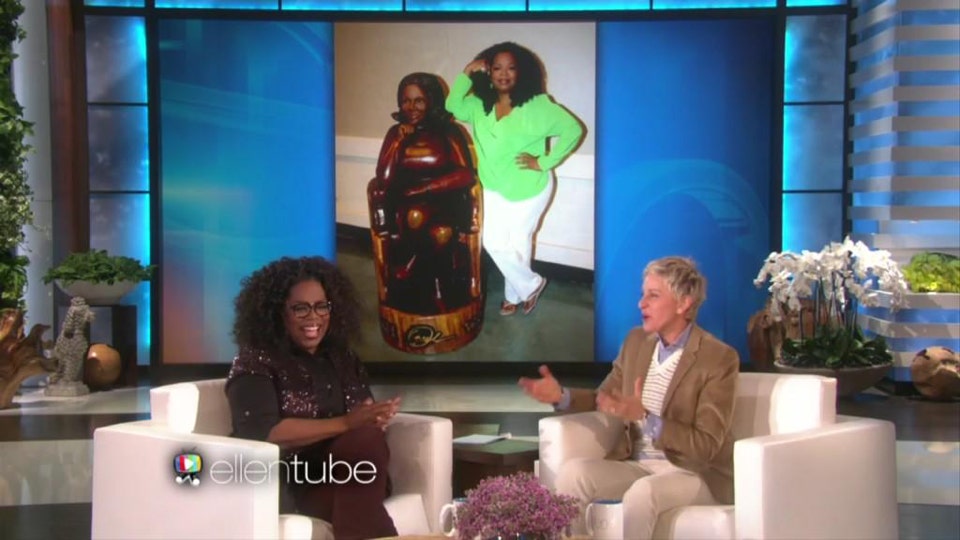 Oprah tallking to Ellen Degeres about the life sized wood carving I made for her