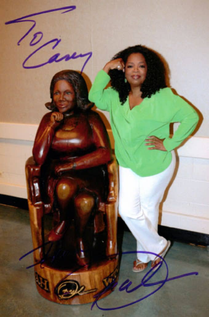 Autographed of Oprah Winfrey and the Sculputre I made for her, wood carving, art
